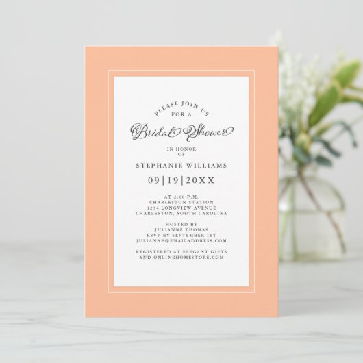 Elegantes Chic Peach Wedding Brautparty Party Einladung (Stehend Vorderseite)