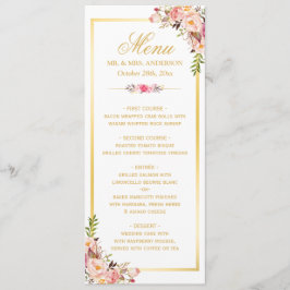 Elegantes Chic Pink Floral Gold Frame Wedding Menü Menükarte