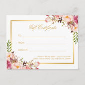 Elegantes Chic Pink Floral Gold Geschenkgutschein Postkarte (Vorderseite)