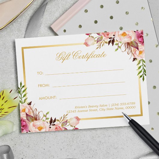 Elegantes Chic Pink Floral Gold Geschenkgutschein Postkarte