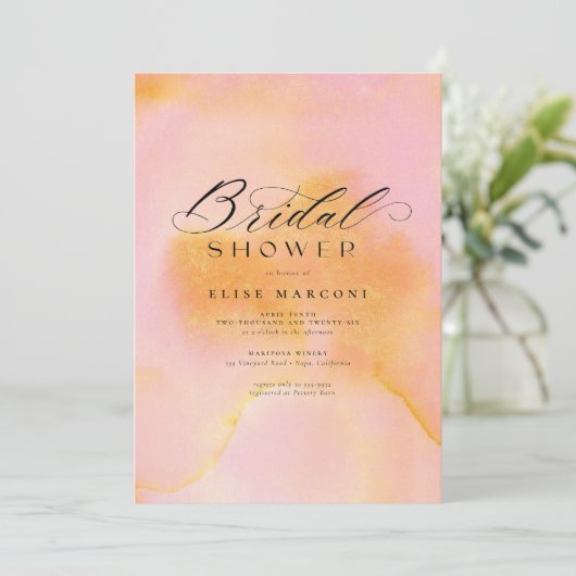 Elegantes Chic Pink Orange Calligraphy Brautparty Einladung (Stehend Vorderseite)