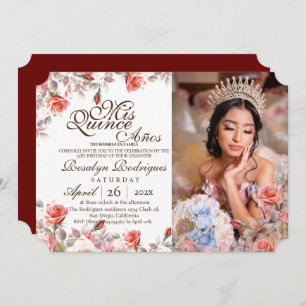 Elegantes Chic Quinceanera Red Gold Foto Einladung