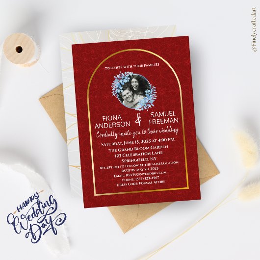 Elegantes Chic Red Gold Custom Foto Hochzeit Einladung