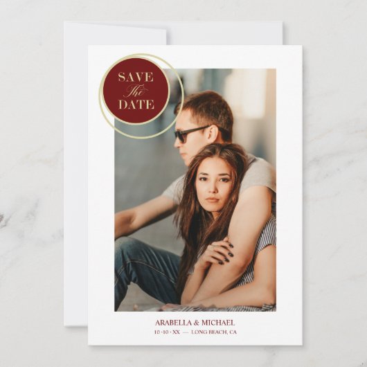 Elegantes Chic Red Gold Foto Anspruchsvolle Hochze (Vorderseite)