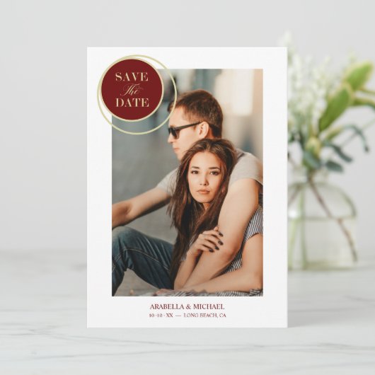 Elegantes Chic Red Gold Foto Anspruchsvolle Hochze (Stehend Vorderseite)