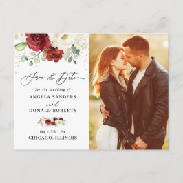Elegantes Chic Red White Floral Foto Save the Date Postkarte