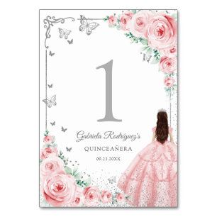 Elegantes Chic Rosafarbene Rosen Silber Quinceaner Tischnummer