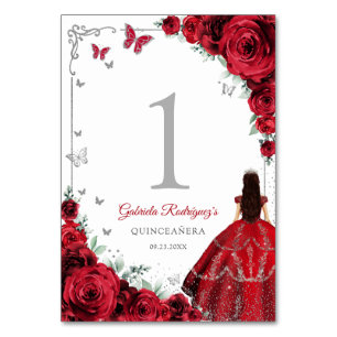 Elegantes Chic roten Rosen Silver Quinceanera Tischnummer