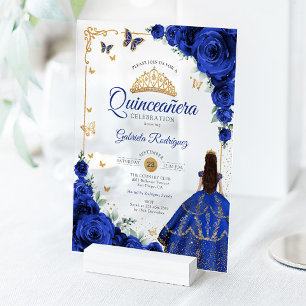 Elegantes Chic Royalblaue Rosen Goldene Quinceaner Acryleinladungen