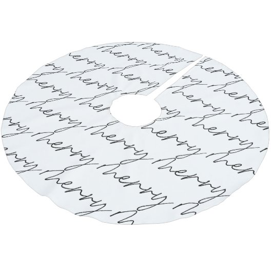 Elegantes Chic Schwarz Weiß Frohe Schriftbeschrift Polyester Weihnachtsbaumdecke (Schrägansicht)