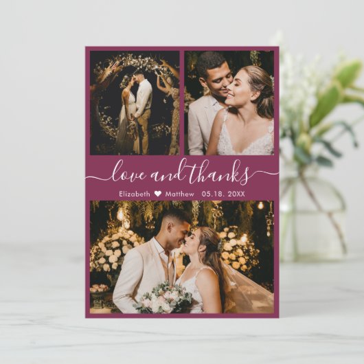 Elegantes Chic Script 3 Foto Collage Wedding Danke (Stehend Vorderseite)