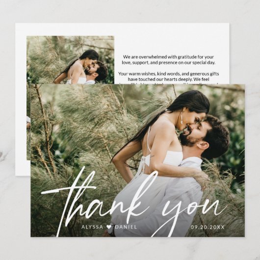 Elegantes Chic Script Heart Wedding Foto Custom Dankeskarte (Vorne/Hinten)