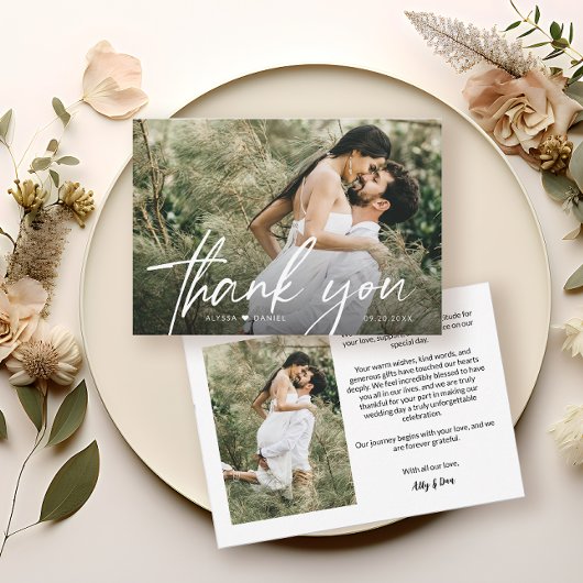 Elegantes Chic Script Heart Wedding Foto Dankeskarte