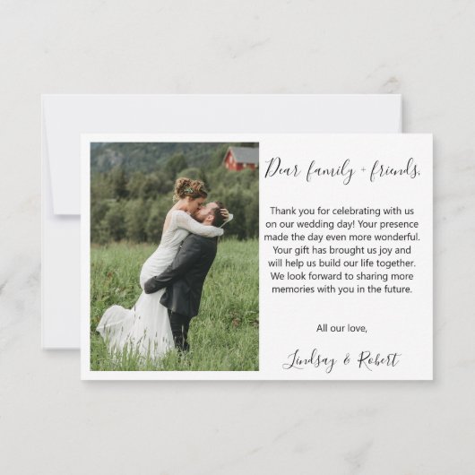 Elegantes Chic Script Liebe Heart Wedding Foto Dankeskarte (Rückseite)