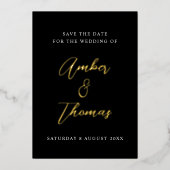 Elegantes Chic Script Save the Date Black & Gold Folieneinladung (Vorderseite)
