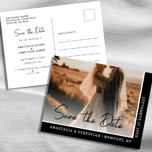 Elegantes Chic Script Schwarz und Weiß Foto Hochze Ankündigungspostkarte
