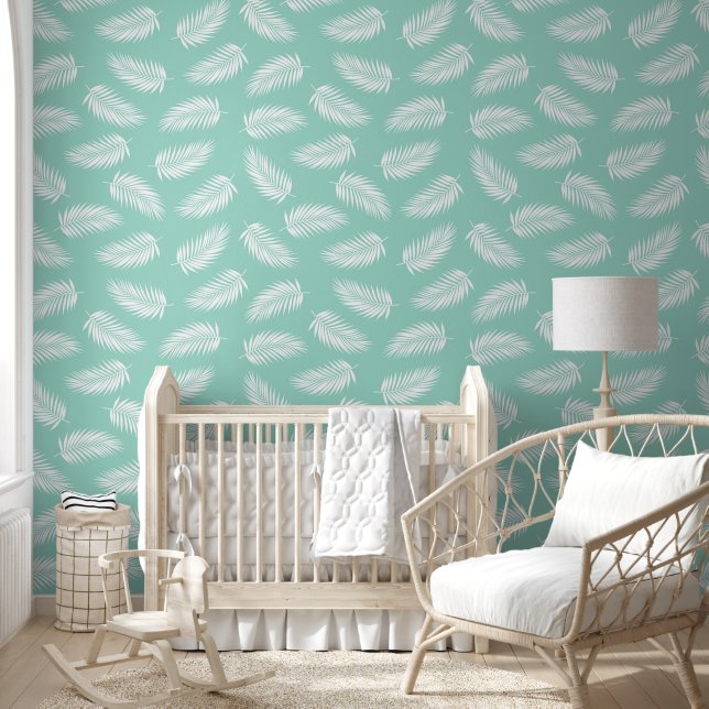 Elegantes Chic Soft Blue Green Feathers Muster Tapete (Kinder)