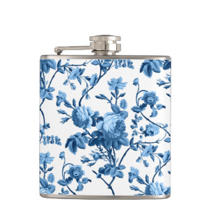 Elegantes Chic Vintage Blaues Rosenblütenmuster Flachmann