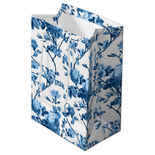 Elegantes Chic Vintage Blaues Rosenblütenmuster Mittlere Geschenktüte