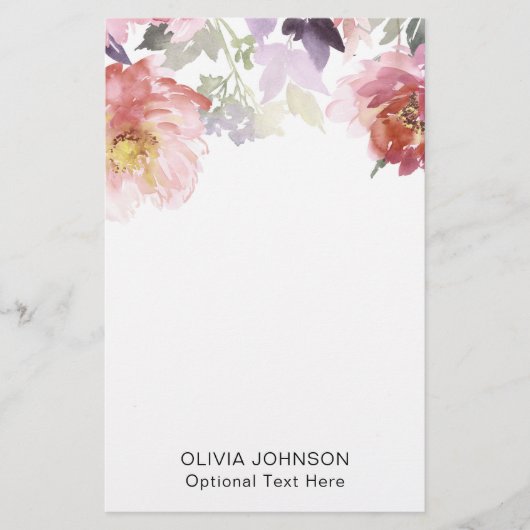 Elegantes Chic Wasserfarben-Blumenmonogramm Name Briefpapier (Vorderseite)