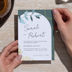 Elegantes Chic Wasserfarben Eukalyptus & Gold Akze Save The Date