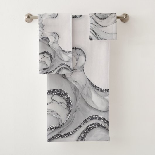 Elegantes Chic Weiß Grau Silber Marmormuster Badhandtuch Set (Insitu)