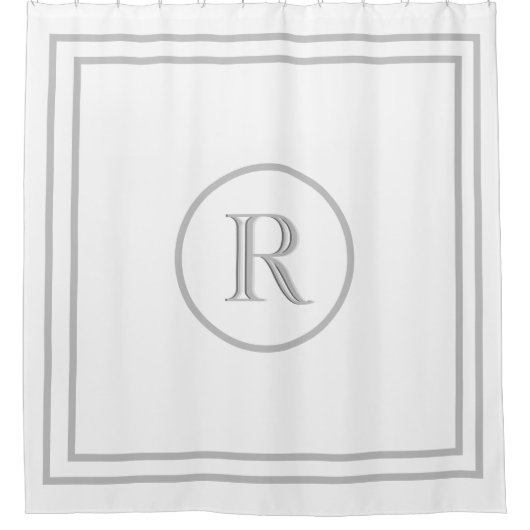 Elegantes Chic White Gray Trim Custom Monogram Duschvorhang (Vorderseite)