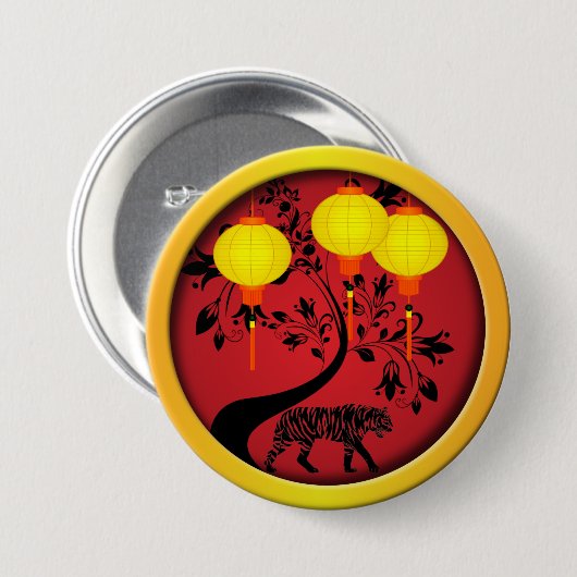 Elegantes chinesisches Neujahr Tiger Gold Lanterns Button (Vorne & Hinten)