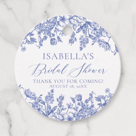 Elegantes Chinoise Dusty Blue Floral Brautparty Geschenkanhänger (Vorderseite)