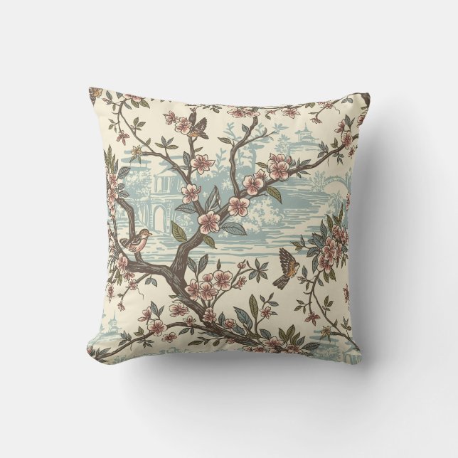 Elegantes Chinoiserie Blossom & Birds Throw Kissen (Vorderseite)