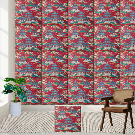 Elegantes Chinoiserie Pagoda und Blumenmuster Tile Fliese