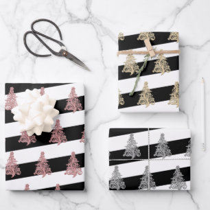 Elegantes Christbaummuster gestreift Geschenkpapier Set