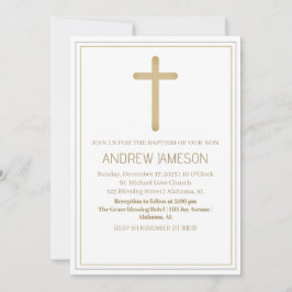 Elegantes Christliches Blue-Gold-Cross | Taufe Einladung