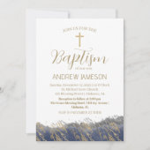 Elegantes Christliches Blue-Gold-Cross | Taufe Einladung (Vorderseite)