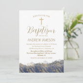 Elegantes Christliches Blue-Gold-Cross | Taufe Einladung (Stehend Vorderseite)