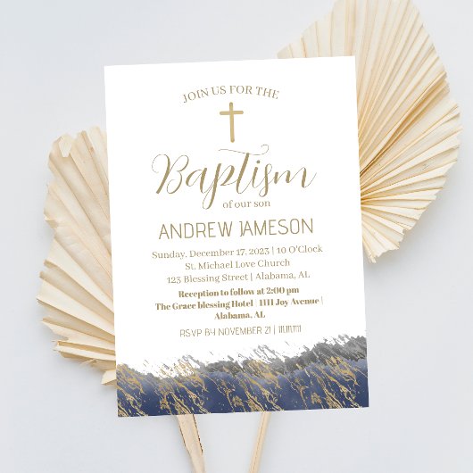Elegantes Christliches Blue-Gold-Cross | Taufe Einladung