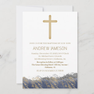 Elegantes Christliches Blue-Gold-Cross   Taufe Einladung