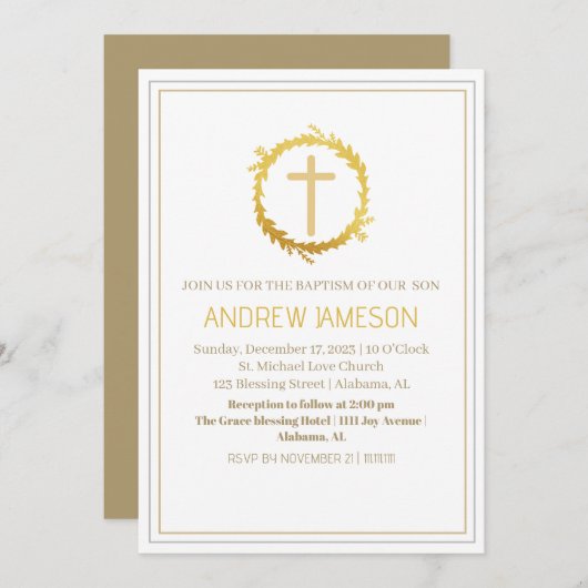 Elegantes Christliches Blue-Gold-Cross | Taufe Einladung (Vorne/Hinten)