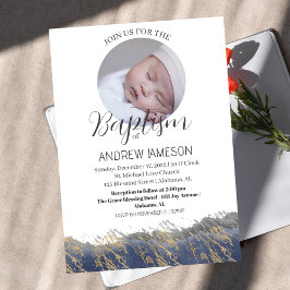 Elegantes Christliches Blue Round Foto | Taufe Einladung