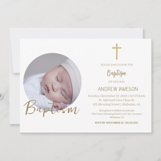 Elegantes Christliches Blue Round Foto | Taufe Einladung (Vorderseite)