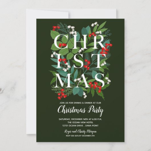 Elegantes CHRISTMAS Grünes Party Einladung (Vorderseite)