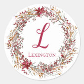 Elegantes Christmas Poinsettia Wreath Monogram Runder Aufkleber (Vorderseite)