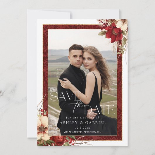 Elegantes Christmas Red Damask Blumengebirge Foto Save The Date (Vorderseite)