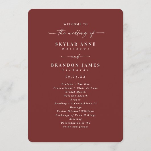 Elegantes Cinnamon Red Wedding Ceremony Programm (Vorderseite)