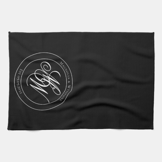 Elegantes Circle Monogram Script Geschirrtuch (Horizontal)