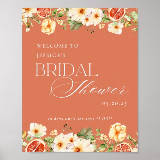 Elegantes Citrus Floral Brautparty Begrüßungszeich Poster (Vorne)