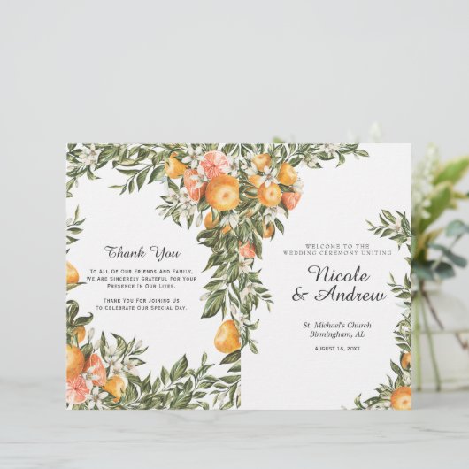 Elegantes Citrus Orchard Folded Wedding Programm (Stehend Vorderseite)
