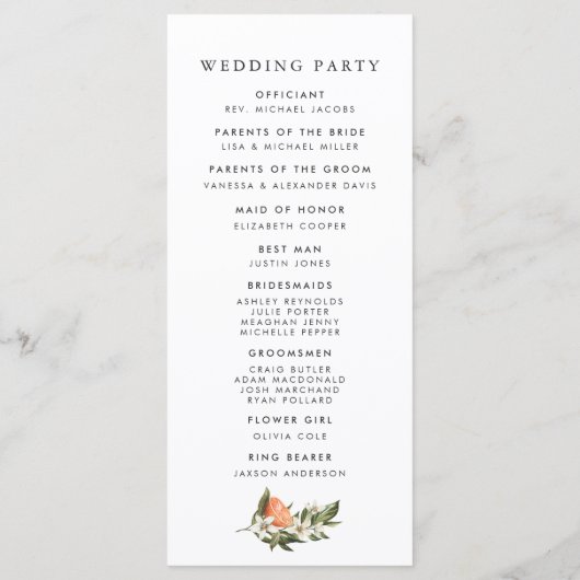 Elegantes Citrus Orchard Hochzeitsprogramm Programm (Rückseite)