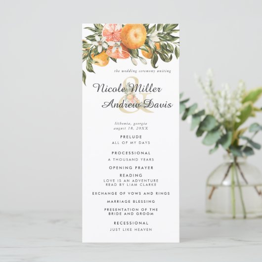 Elegantes Citrus Orchard Hochzeitsprogramm Programm (Stehend Vorderseite)