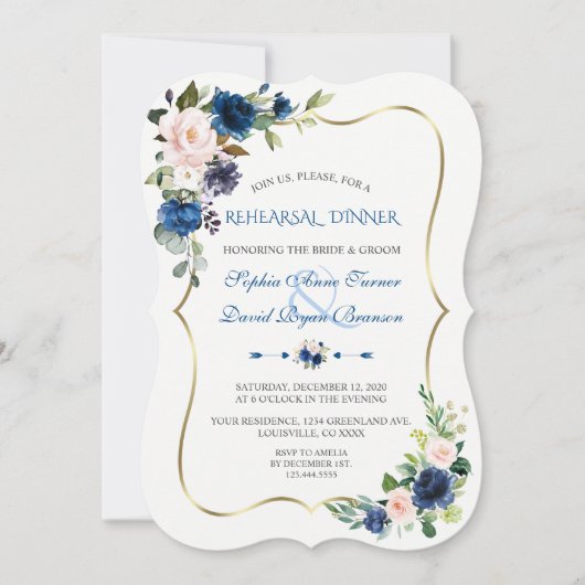 Elegantes Classic Blue Pink Blume Probe Abendessen Einladung (Vorderseite)